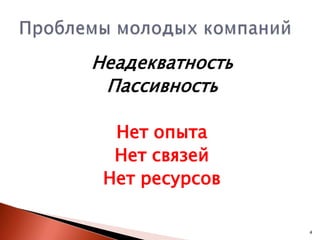 Неадекватность
Пассивность
Нет опыта
Нет связей
Нет ресурсов
4

 