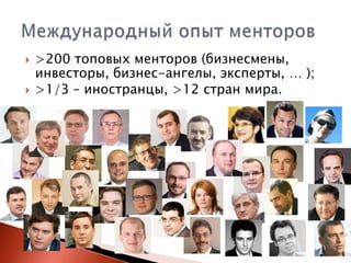 


>200 топовых менторов (бизнесмены,
инвесторы, бизнес-ангелы, эксперты, … );
>1/3 – иностранцы, >12 стран мира.

 
