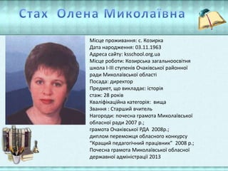 Місце проживання: с. Козирка
Дата народження: 03.11.1963
Адреса сайту: ksschool.org.ua
Місце роботи: Козирська загальноосвітня
школа І-ІІІ ступенів Очаківської районної
ради Миколаївської області
Посада: директор
Предмет, що викладає: історія
стаж: 28 років
Кваліфікаційна категорія: вища
Звання : Старший вчитель
Нагороди: почесна грамота Миколаївської
обласної ради 2007 р.;
грамота Очаківської РДА 2008р.;
диплом переможця обласного конкурсу
“Кращий педагогічний працівник” 2008 р.;
Почесна грамота Миколаївської обласної
державної адміністрації 2013

 