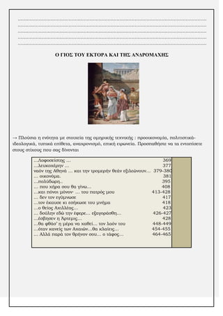 ………………………………………………………………………………………………………………
………………………………………………………………………………………………………………
………………………………………………………………………………………………………………
………………………………………………………………………………………………………………
………………………………………………………………………………………………………………

Ο ΓΙΟΣ ΤΟΥ ΕΚΤΟΡΑ ΚΑΙ ΤΗΣ ΑΝΔΡΟΜΑΦΗΣ

→ Πλούσια η ενότητα με στοιχεία της ομηρικής τεχνικής : προοικονομία, πολιτιστικάιδεολογικά, τυπικά επίθετα, αναχρονισμό, επική ειρωνεία. Προσπαθήστε να τα εντοπίσετε
στους στίχους που σας δίνονται
…Λοφοσείστης …
369
…λευκοχέρην …
377
ναόν της Αθηνά … και την τρομερήν θεάν εξιλεώνουν… 379-380
… οικονόμα.
381
…πολύδωρη..
395
… που χήρα σου θα γίνω…
408
…και πόνοι μόνον∙ … του πατρός μου
413-428
… δεν τον εγύμνωσε
417
…τον έκαυσε κι εσήκωσε του μνήμα
418
…ο θείος Αχιλλέας…
423
… δούλην εδώ την έφερε… εξαγοράσθη…
426-427
…έσβησεν η Άρτεμις…
428
…θα φθάσ’ η μέρα να χαθεί… τον λαόν του
448-449
…όταν κανείς των Αχαιών…θα κλαίεις…
454-455
… Αλλά παρά τον θρήνον σου… ο τάφος…
464-465

 