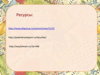 Ресурсы:
http://www.afagroup.ru/content/view/21/22

http://podmikroskopom.ru/lipuchka/

http://way2dream.ru/?p=498

 