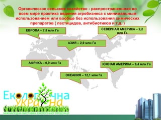 Органическое сельское хозяйство - распространеннная во
всем мире практика ведения агробизнеса с минимальным
использованием или вообще без использования химических
препаратов ( пестицидов, антибиотиков и т.д. )
СЕВЕРНАЯ АМЕРИКА – 2,2
млн Га

ЕВРОПА – 7,8 млн Га

АЗИЯ – 2,9 млн Га

АФРИКА – 0,9 млн Га

ЮЖНАЯ АМЕРИКА – 6,4 млн Га
ОКЕАНИЯ – 12,1 млн Га

 