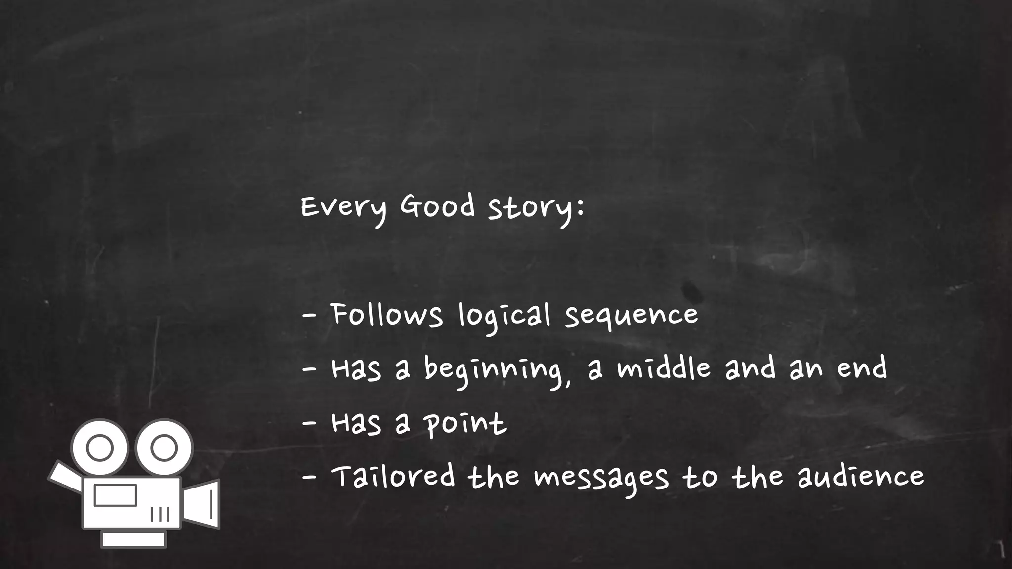 Every Good story:
- Follows logical sequence
- Has a beginning, a middle and an end
- Has a point
- Tailored the messages to the audience

 