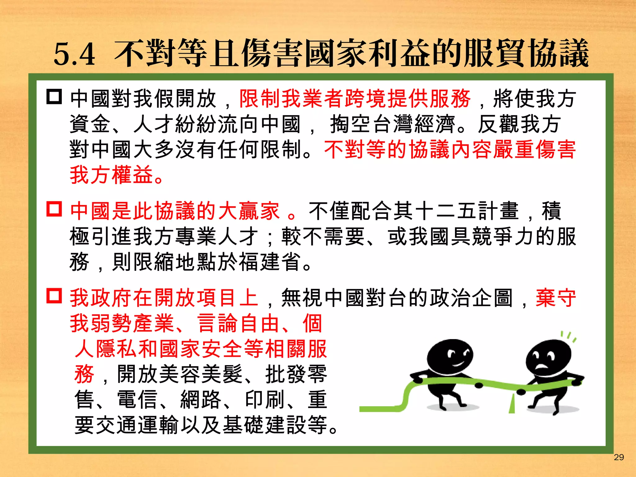 5.4 不對等且傷害國家利益的服貿協議
 中國對我假開放，限制我業者跨境提供服務，將使我方
資金、人才紛紛流向中國， 掏空台灣經濟。反觀我方
對中國大多沒有任何限制。不對等的協議內容嚴重傷害
我方權益。
 中國是此協議的大贏家 。不僅配合其十二五計畫，積
極引進我方專業人才；較不需要、或我國具競爭力的服
務，則限縮地點於福建省。
 我政府在開放項目上，無視中國對台的政治企圖，棄守
我弱勢產業、言論自由、個
人隱私和國家安全等相關服
務，開放美容美髮、批發零
售、電信、網路、印刷、重
要交通運輸以及基礎建設等。
29

 