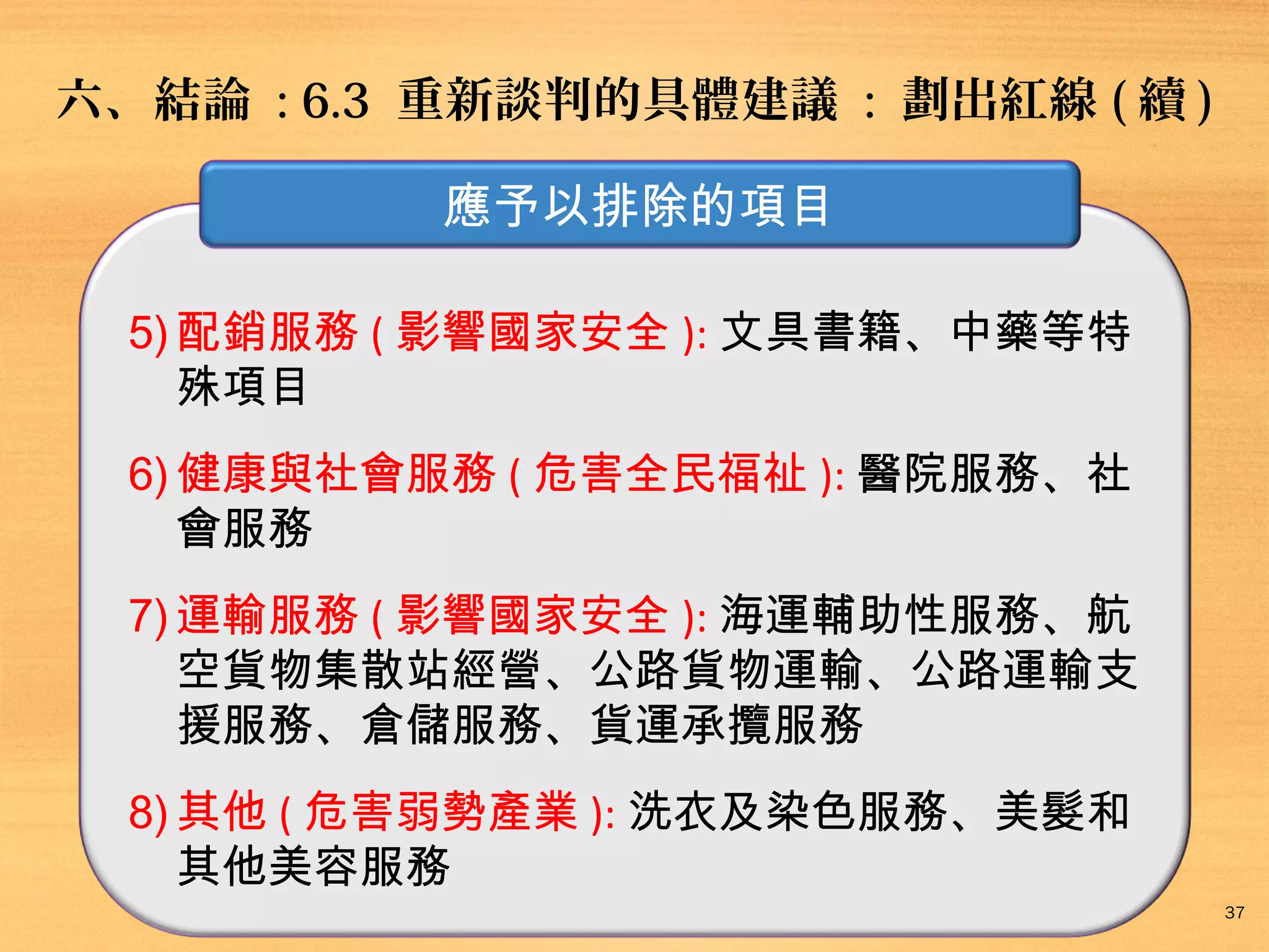 六、結論 : 6.3 重新談判的具體建議 : 劃出紅線 ( 續 )
應予以排除的項目
5) 配銷服務 ( 影響國家安全 ): 文具書籍、中藥等特
殊項目
6) 健康與社會服務 ( 危害全民福祉 ): 醫院服務、社
會服務
7) 運輸服務 ( 影響國家安全 ): 海運輔助性服務、航
空貨物集散站經營、公路貨物運輸、公路運輸支
援服務、倉儲服務、貨運承攬服務
8) 其他 ( 危害弱勢產業 ): 洗衣及染色服務、美髮和
其他美容服務
37

 