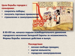 Цели борьбы городов с
сеньорами:
• сократить поборы;
• получить торговые привилегии;
• стремление к самоуправлению.

В XII-XlV вв. начался подъем освободительного движения
городского населения Западной Европы за независимость.
Формы борьбы: военные действия и выкуп.
Последствия:
• личная свобода граждан;
• хартия вольности;
• городское самоуправление.

 