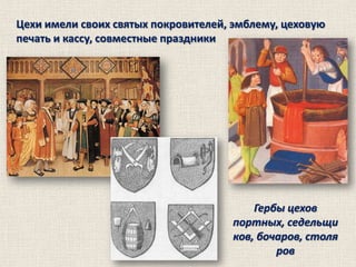 Цехи имели своих святых покровителей, эмблему, цеховую
печать и кассу, совместные праздники

Гербы цехов
портных, седельщи
ков, бочаров, столя
ров

 