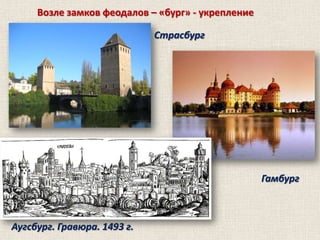 Возле замков феодалов – «бург» - укрепление

Страсбург

Гамбург

Аугсбург. Гравюра. 1493 г.

 