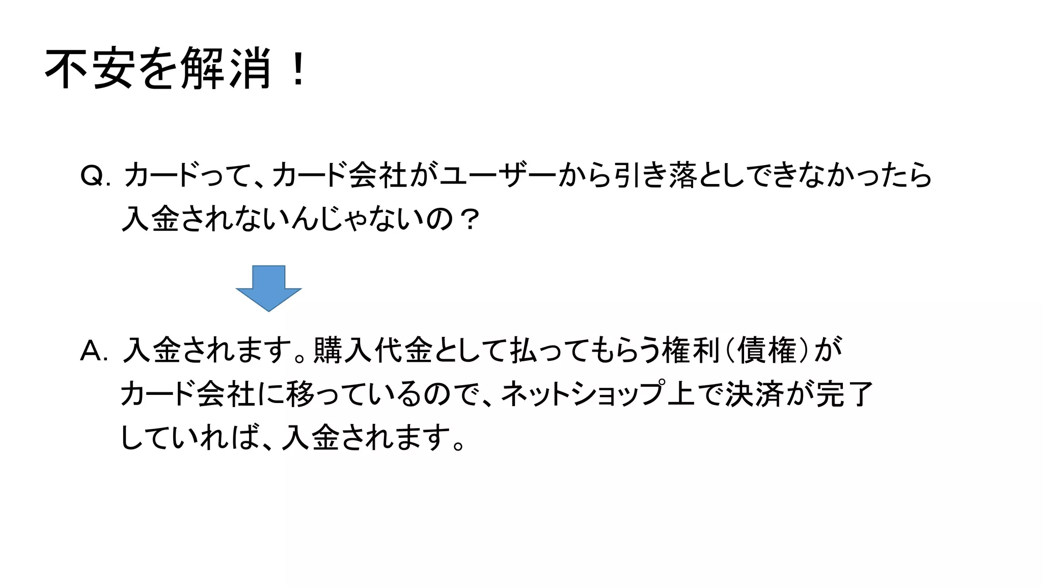 不安を解消！
Ｑ．カードって、カード会社がユーザーから引き落としできなかったら
入金されないんじゃないの？

Ａ．入金されます。購入代金として払ってもらう権利（債権）が
カード会社に移っているので、ネットショップ上で決済が完了
していれば、入金されます。

 