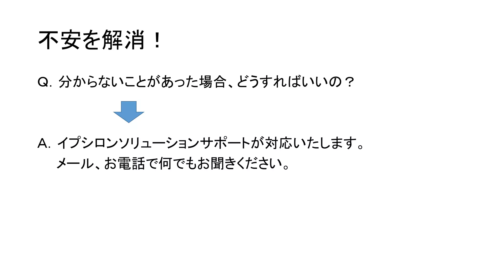 不安を解消！
Ｑ．分からないことがあった場合、どうすればいいの？

Ａ．イプシロンソリューションサポートが対応いたします。
メール、お電話で何でもお聞きください。

 