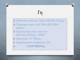 Γη
O Απόσταση από τον Ήλιο:149.504.312σλμ.
O Πεπιυοπά γύπω από Ήλιο:365,2564
O
O
O
O

ημέπερ.
Πεπιστπουή γύπω από τον
άξονατηρ:23ώπερ, 56&4’’
Διαμετπορ:12.756σλμ.
Θεπμοκπασία επιυάνειαρ:22C
1 ΔΟΡΥΦΟΡΟς

 