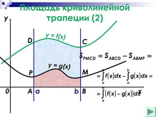 y

Площадь криволинейной
трапеции (2)
D

y = f(x)

y = g(x)

C

SPMCD = S ABCD − S ABMP =
M

0

Aa

b B

b

a

P

b

a

= ∫ f ( x ) dx − ∫ g( x ) dx =
b

=

x
( f ( x ) − g( x ) ) dx
∫
a

 