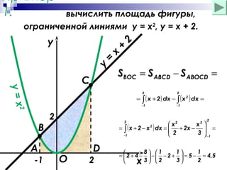 Пример
1:

вычислить площадь фигуры,
ограниченной линиями y = x2, y = x + 2.

y
y
y=x

C

=

x

+

2

SВОС = S ABCD − S ABOCD =
2

2

−1

−1

( )

= ∫ ( x + 2) dx − ∫ x 2 dx =

2

B
A
-1

2

2

=


( х + 2 − х ) dx =  x2
∫

2



−1

O

D
2

2

+ 2x −

3

x
3

2


 =

 −1

8 1
1
1

=  2 + 4 −  −  − 2 +  = 5 − = 4,5
3  2
3
2


x

 