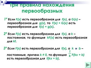 Три правила нахождения
первообразных
1º Если F(x) есть первообразная для f(x), а G(x) –
первообразная для g(x), то F(x) + G(x) есть
первообразная для f(x) + g(x).

2º Если F(x) есть первообразная для f(x), а k –

постоянная, то функция kF(x) есть первообразная
для kf.

3º Если F(x) есть первообразная для f(x), а k и b –

1
постоянные, причем k ≠ 0, то функция k F(kx + b)
есть первообразная для f(kx + b).

 