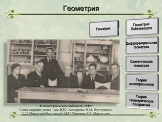 Геометрия

В геометрическом кабинете, 1949 г
Слева направо: сидят – асс. Ю.С. Хапланова, Н.М. Несторович,
Д.Д. Мордухай-Болтовской, М.П. Черняев, К.К. Мокрищев.

 
