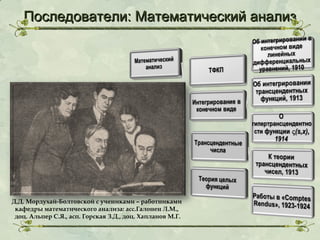 Последователи: Математический анализ

Д.Д. Мордухай-Болтовской с учениками – работниками
кафедры математического анализа: асс.Галонен Л.М.,
доц. Альпер С.Я., асп. Горская З.Д., доц. Хапланов М.Г.

 