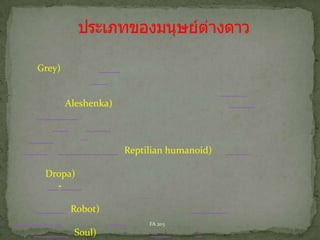 Grey)

Aleshenka)

Reptilian humanoid)
Dropa)
Robot)
FA 203

Soul)

 