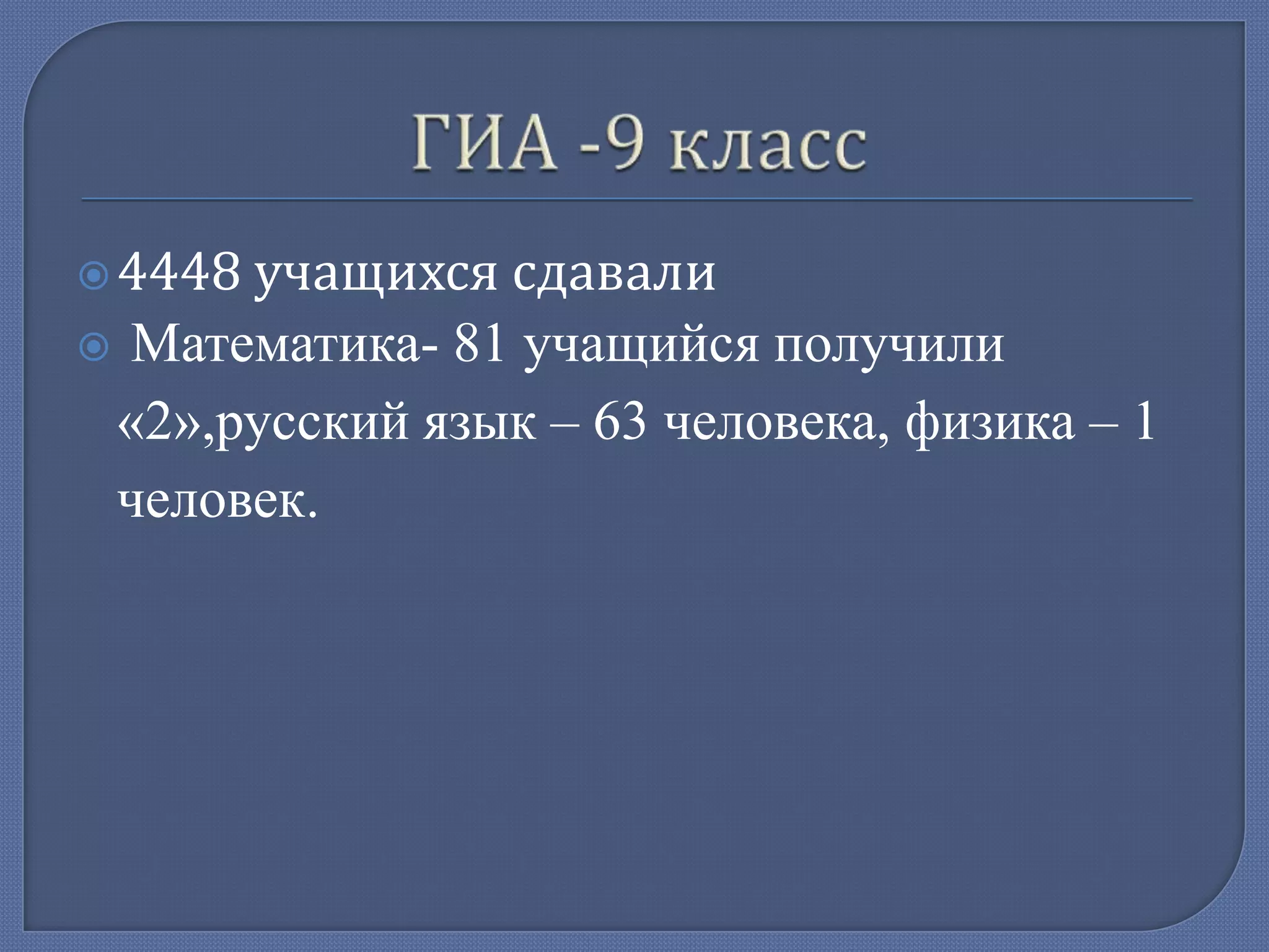 4448

учащихся сдавали
 Математика- 81 учащийся получили
«2»,русский язык – 63 человека, физика – 1
человек.

 