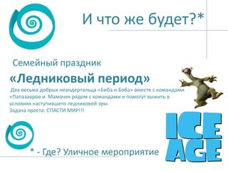 И что же будет?*
Семейный праздник

«Ледниковый период»
Два весьма добрых неандертальца «Биба и Боба» вместе с командами
«Папазавров и Мамочек рядом с командами и помогут выжить в
условиях наступившего ледниковой эры.
Задача проста: СПАСТИ МИР!!!

* - Где? Уличное мероприятие

 