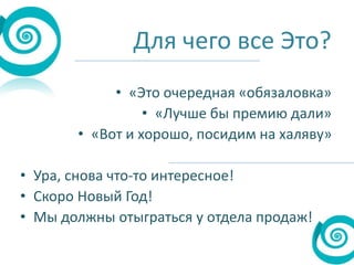 Для чего все Это?
• «Это очередная «обязаловка»
• «Лучше бы премию дали»
• «Вот и хорошо, посидим на халяву»
• Ура, снова что-то интересное!
• Скоро Новый Год!
• Мы должны отыграться у отдела продаж!

 