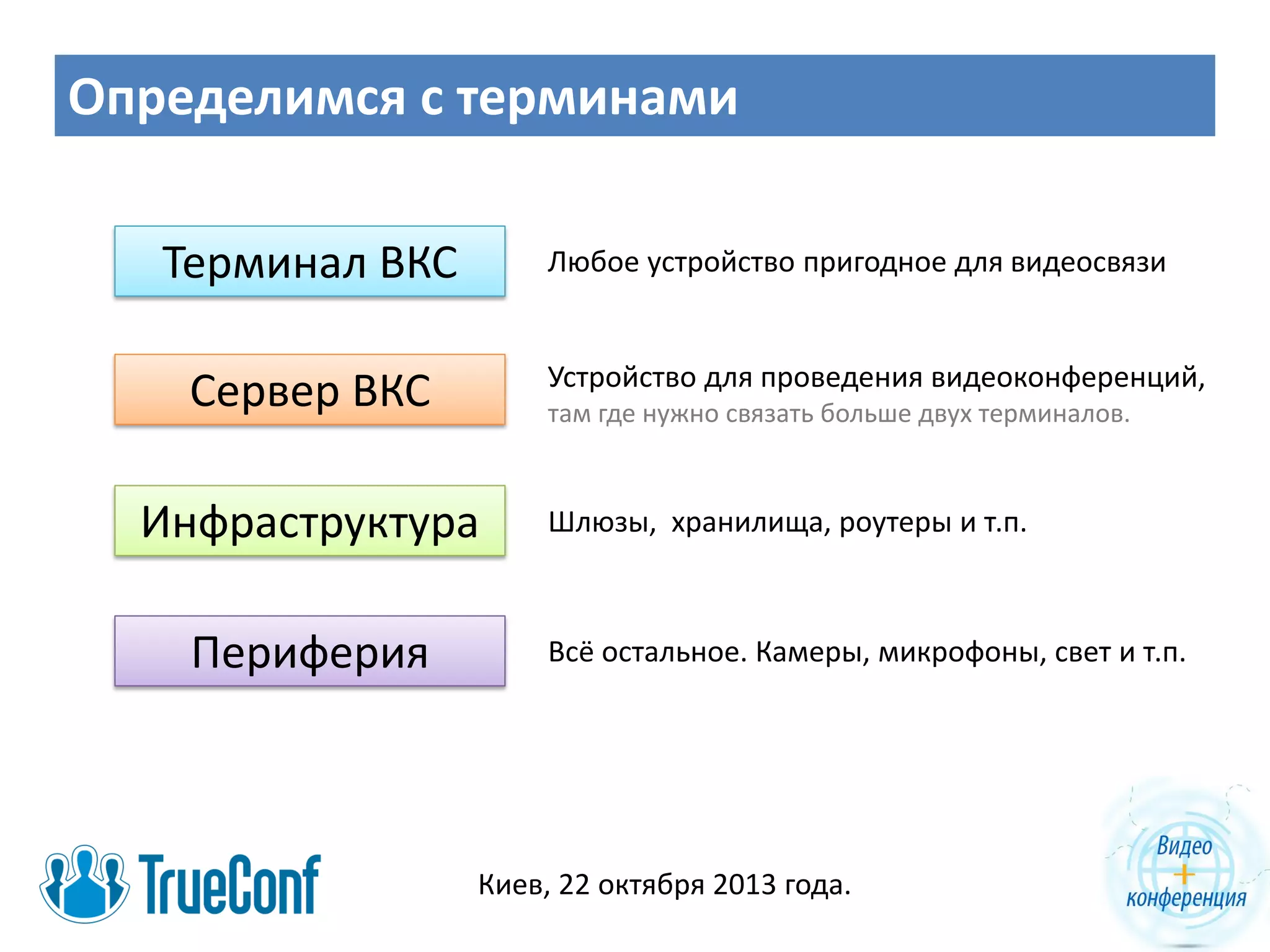 Определимся с терминами
Терминал ВКС

Любое устройство пригодное для видеосвязи

Устройство для проведения видеоконференций,

Сервер ВКС

там где нужно связать больше двух терминалов.

Инфраструктура
Периферия

Шлюзы, хранилища, роутеры и т.п.

Всё остальное. Камеры, микрофоны, свет и т.п.

Киев, 22 октября 2013 года.

 