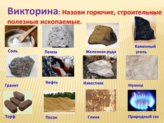 Викторина: Назови горючие, строительные
полезные ископаемые.

Соль

Гранит

Торф

Пемза

Железная руда

Нефть

Известняк

Песок

Глина

Каменный
уголь

Мрамор

Природный газ

 