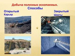 Добыча полезных ископаемых.
Способы

Открытый

Закрытый

Карьер

Шахты

 