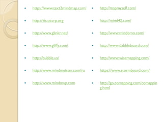

https://www.text2mindmap.com/



http://mapmyself.com/



http://vis.occrp.org



http://mind42.com/



http://www.glinkr.net/



http://www.mindomo.com/



http://www.gliffy.com/



http://www.dabbleboard.com/



http://bubble.us/



http://www.wisemapping.com/



http://www.mindmeister.com/ru



https://www.stormboard.com/



http://www.mindmup.com



http://go.comapping.com/comappin
g.html

 