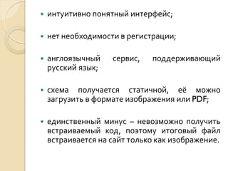 

интуитивно понятный интерфейс;



нет необходимости в регистрации;



англоязычный
русский язык;



схема получается статичной, её можно
загрузить в формате изображения или PDF;



единственный минус – невозможно получить
встраиваемый код, поэтому итоговый файл
встраивается на сайт только как изображение.

сервис,

поддерживающий

 