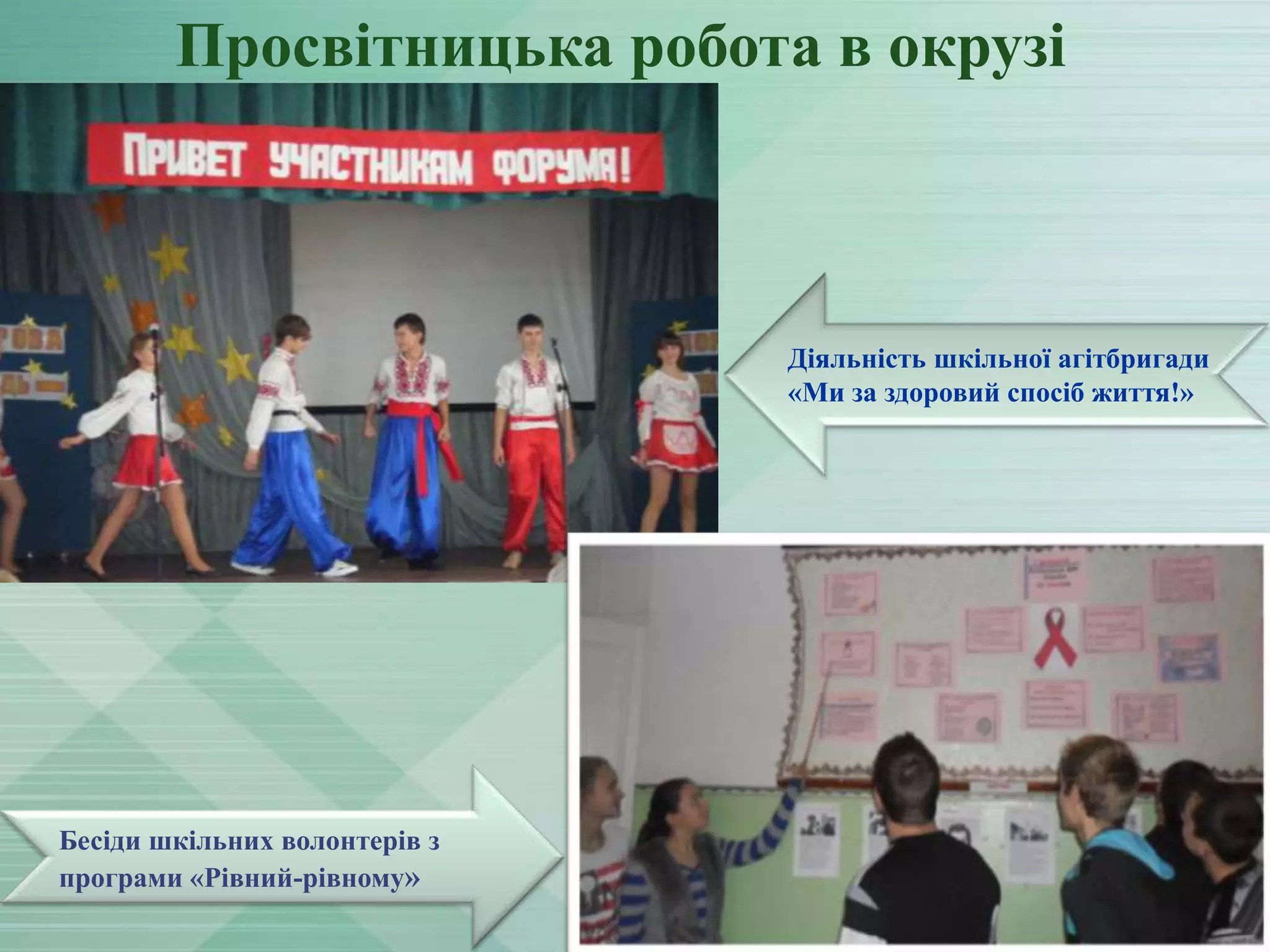 Просвітницька робота в окрузі

Діяльність шкільної агітбригади
«Ми за здоровий спосіб життя!»

Бесіди шкільних волонтерів з
програми «Рівний-рівному»

 