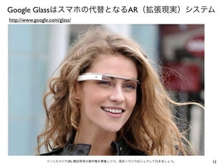 Google Glassはスマホの代替となるAR（拡張現実）システム
http://www.google.com/glass/

イーンスパイア(株) 横田秀珠の著作権を尊重しつつ、是非ノウハウはシェアして行きましょう。

12

 
