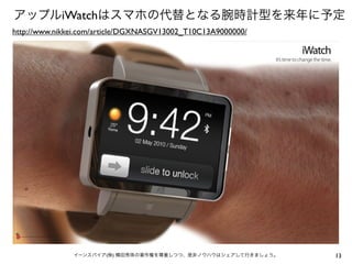 アップルiWatchはスマホの代替となる腕時計型を来年に予定
http://www.nikkei.com/article/DGXNASGV13002_T10C13A9000000/

イーンスパイア(株) 横田秀珠の著作権を尊重しつつ、是非ノウハウはシェアして行きましょう。

13

 