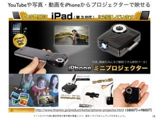 http://www.thanko.jp/product/keitai/iphone-projector.html
イーンスパイア(株) 横田秀珠の著作権を尊重しつつ、是非ノウハウはシェアして行きましょう。

15

 