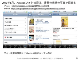 ⑤

2010年6月、Amazonフォト検索は、書籍の表紙の写真で探せる
iPhone http://itunes.apple.com/jp/app/id374254473?mt=8
android https://play.google.com/store/apps/details?id=jp.amazon.mShop.android

フォト検索の機能だけはandroid版に入っていない
イーンスパイア(株) 横田秀珠の著作権を尊重しつつ、是非ノウハウはシェアして行きましょう。

36

 