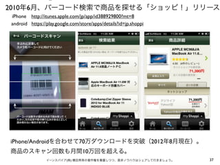 ⑤

2010年6月、バーコード検索で商品を探せる「ショッピ！」リリース
iPhone http://itunes.apple.com/jp/app/id388929800?mt=8
android https://play.google.com/store/apps/details?id=jp.shoppi

iPhone/Androidを合わせて70万ダウンロードを突破（2012年8月現在）。
商品のスキャン回数も月間10万回を超える。
イーンスパイア(株) 横田秀珠の著作権を尊重しつつ、是非ノウハウはシェアして行きましょう。

37

 