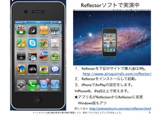 ⑤

Reﬂectorソフトで実演中

１．Reﬂectorを下記のサイトで購入($12.99)。
http://www.airsquirrels.com/reﬂector/
２．Reﬂectorをインストールして起動。
３．iPhoneでAirPlayの設定をします。 
※iPhone4S、iPad2以上で使えます。
★アプリ名がReﬂectionからReﬂectorに変更
 Windows版もアリ
詳しくは http://yokotashurin.com/etc/reﬂector.html
イーンスパイア(株) 横田秀珠の著作権を尊重しつつ、是非ノウハウはシェアして行きましょう。

5

 