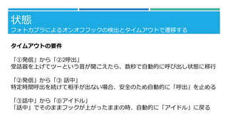 状態
フォトカプラによるオンオフフックの検出とタイムアウトで遷移する
タイムアウトの要件

「①発信」から「②2呼出」
受話器を上げてツーという音が聞こえたら、数秒で自動的に呼び出し状態に移行
「②発信」から「③ 話中」
特定時間呼出を続けて相手が出ない場合、安全のため自動的に「呼出」を止める
「③話中」から「⓪アイドル」
「話中」でそのままフックが上がったままの時、自動的に「アイドル」に戻る

 