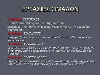 ΕΡΓΑΣΙΕΣ ΟΜΑΔΩΝ








1η ΟΜΑΔΑ: ΙΣΤΟΡΙΚΟΙ
Συγκέντρωση πληροφοριών για τη ζωή και τις
κατακτήσεις του Μ.Αλεξάνδρου και προβολή τους με τη μορφή του
powerpoint.
2η ΟΜΑΔΑ: ΦΙΛΟΛΟΓΟΙ 1
Επεξεργάζονται το κείμενο και προσπαθούν να αποδώσουν το νόημα
του κειμένου.
3η ΟΜΑΔΑ: ΦΙΛΟΛΟΓΟΙ 2
Δίνεται στους μαθητές η μετάφραση του κειμένου πάνω στην οποία θα
στηριχθούν για να προχωρήσουν στην ερμηνευτική επεξεργασία του
κειμένου.
4η ΟΜΑΔΑ: ΓΛΩΣΣΟΛΟΓΟΙ
Προσπαθούν να αναδείξουν τη διαχρονικότητα της ελληνικής γλώσσας
και να δώσουν τη σημασία των λέξεων του λεξιλογικού πίνακα.

 