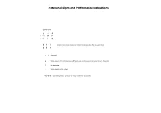 Notational Signs and Performance Instructions

$

quarter-tones

#

! 1/4
" !

2/4

# +
" *

!

( "

)
&

'
%

.

3/4

,
-

$

smaller micro-tone deviations. Indeterminate size less than a quarter-tone.

Harmonic

Notes played with no bow pressure [Played as a continuous uninterrupted stream of sound]
On the bridge
Notes played on the bridge

line 12-13 : open string notes : produce as many overtones as possible

 