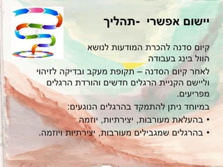‫יישום אפשרי -תהליך‬
‫קיום סדנה להכרת המודעות לנושא‬
‫הוול בינג בעבודה‬
‫לאחר קיום הסדנה – תקופת מעקב ובדיקה לזיהוי‬
‫וליישם הקניית הרגלים חדשים והורדת הרגלים‬
‫מפריעים.‬
‫במיוחד ניתן להתמקד בהרגלים הנוגעים:‬
‫• בהעלאת מעורבות, יצירתיות, יוזמה‬
‫• בהרגלים שמגבילים מעורבות, יצירתיות ויוזמה.‬

 