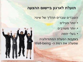 ‫תועלת לארגון ביישום ההצעה‬
‫העובדים עוברים תהליך של שינוי:‬
‫• יותר פעילים‬
‫• יותר מעורבים‬
‫• בעלי יוזמה‬
‫בעקבות הפעלת המתודולוגיה‬
‫שמעלה את רמת ה- ‪ Well-being‬בעבודה‬

 