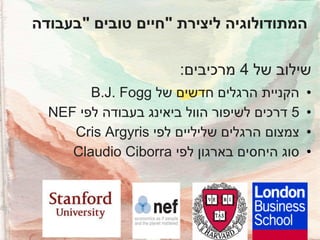 ‫המתודולוגיה ליצירת "חיים טובים "בעבודה‬
‫שילוב של 4 מרכיבים:‬
‫•‬
‫•‬
‫•‬
‫•‬

‫הקניית הרגלים חדשים של ‪B.J. Fogg‬‬
‫5 דרכים לשיפור הוול ביאינג בעבודה לפי ‪NEF‬‬
‫צמצום הרגלים שליליים לפי ‪Cris Argyris‬‬
‫סוג היחסים בארגון לפי ‪Claudio Ciborra‬‬

 