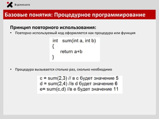 Базовые понятия: Процедурное программирование
Принцип повторного использования:
• Повторно используемый код оформляется как процедура или функция

• Процедура вызывается столько раз, сколько необходимо

 