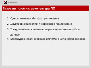 Базовые понятия: архитектура ПО
1. Одноуровневая: desktop приложение
2. Двухуровневая: клиент-серверное приложение
3. Трехуровневая: клиент-серверное приложение + база

данных
4. Многоуровневая: сложные системы с цепочками вызовов

 
