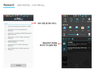 Research

경쟁사 벤치마킹 _ 스마트 택배 App

SMS 자동 동기화 서비스

배송상태가 변경될
때 마다 푸시알림 제공

 