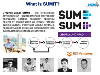 What is SUMIT?
Стартап-школа SUMIT — это интенсивная
двухмесячная образовательно-менторская
программа, которая позволяет проектам
пройти от стадии идеи до стадии готовой
бизнес-модели. Участники школы детально
прорабатывают основные направления под
руководством менторов и экспертов.

 