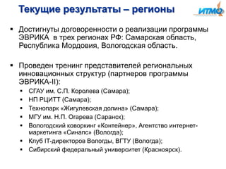 Текущие результаты – регионы
 Достигнуты договоренности о реализации программы
ЭВРИКА в трех регионах РФ: Самарская область,
Республика Мордовия, Вологодская область.
 Проведен тренинг представителей региональных
инновационных структур (партнеров программы
ЭВРИКА-II):
СГАУ им. С.П. Королева (Самара);
НП РЦИТТ (Самара);
Технопарк «Жигулевская долина» (Самара);
МГУ им. Н.П. Огарева (Саранск);
Вологодский коворкинг «Контейнер», Агентство интернетмаркетинга «Синапс» (Вологда);
 Клуб IT-директоров Вологды, ВГТУ (Вологда);
 Сибирский федеральный университет (Красноярск).






 