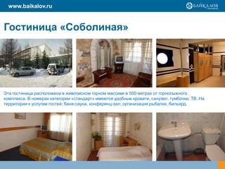 www.baikalov.ru

Гостиница «Соболиная»

Эта гостиница расположена в живописном горном массиве в 500 метрах от горнолыжного
комплекса. В номерах категории «стандарт» имеются удобные кровати, санузел, тумбочки, ТВ. На
территории к услугам гостей: баня-сауна, конференц-зал, организация рыбалки, бильярд.

 