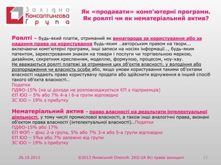 Як «продавати» комп'ютерні програми.
Як роялті чи як нематеріальний актив?
Роялті

– будь-який платіж, отриманий як винагорода за користування або за
надання права на користування будь-яким …авторським правом на твори...
включаючи комп'ютерні програми, інші записи на носіях інформації…, будь-яким
патентом, зареєстрованим знаком на товари і послуги чи торгівельною маркою,
дизайном, секретним кресленням, моделлю, формулою, процесом, ноу-хау.
Не вважаються роялті платежі за отримання цих об'єктів власності, у володіння або
розпорядження чи власність особи або, якщо умови користування такими об'єктами
власності надають право користувачу продати або здійснити відчуження в інший спосіб
такого об'єкта власності…
Податки
ПДФО-15% (на ці доходи не розповсюджується ЄП з підприємців)
ЄП ЮО – 5% або 7% 4-а і 6-а групи відповідно
ЗС ЮО – 19% з прибутку

Нематеріальний актив

- право власності на результати інтелектуальної
діяльності, у тому числі промислової власності, а також інші аналогічні права, визнані
об'єктом права власності (інтелектуальної власності)…Податки
ПДФО-15% або 17%
ЄП ФОП – фікс 2-а група, 5% або 7% 3-я або 5-а групи відповідно
ЄП ЮО – 5%а або 7% залежно від групи
ЗС ЮО – 19% з прибутку
26.10.2013

©2013 Яновський Олексій. ZKG.UA Всі права захищені

12

 