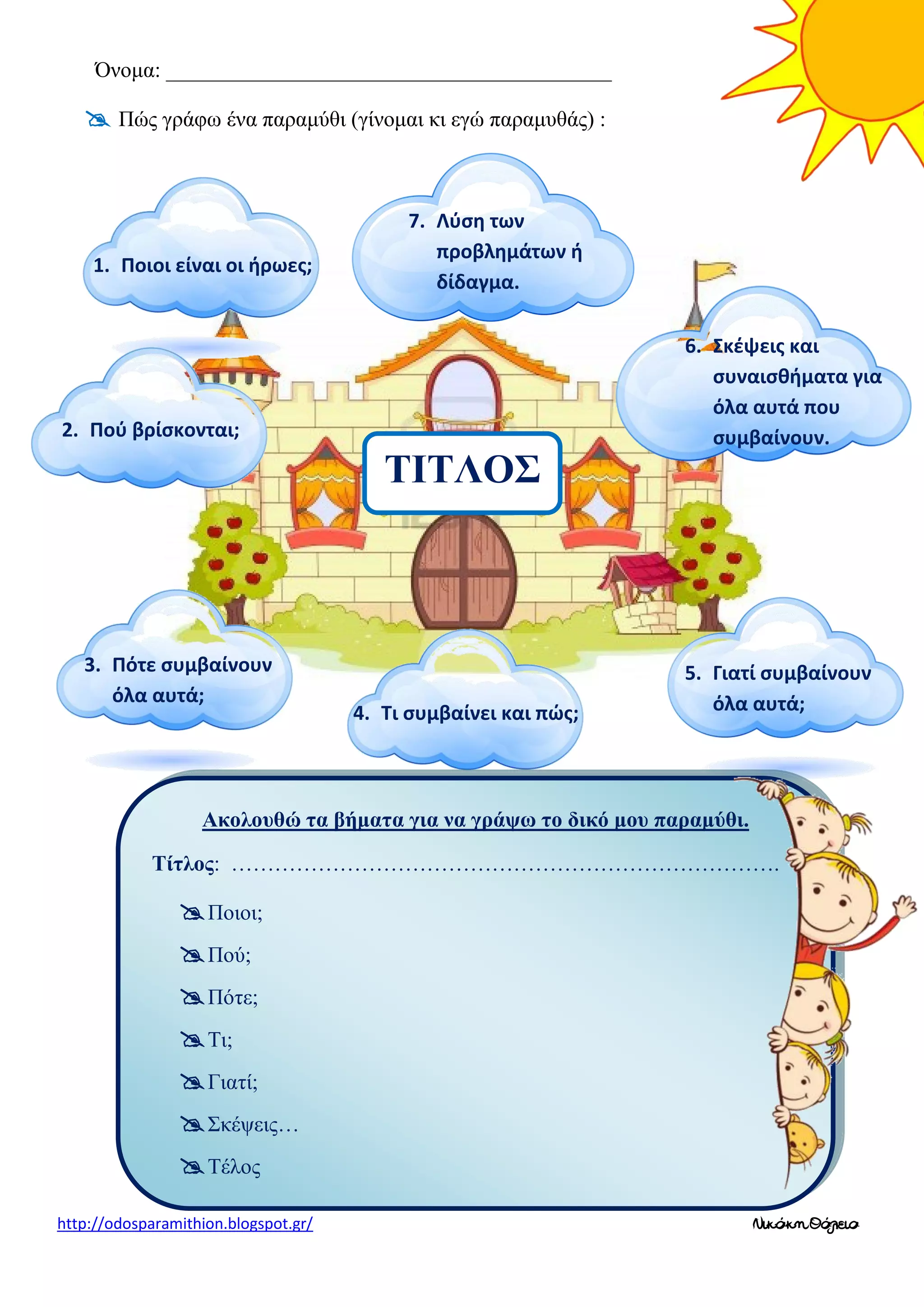 Όνομα: _________________________________________

 Πώς γράφω ένα παραμύθι (γίνομαι κι εγώ παραμυθάς) :

1. Ποιοι είναι οι ήρωες;

7. Λύση των
προβλημάτων ή
δίδαγμα.

2. Πού βρίσκονται;

ΤΙΤΛΟΣ

3. Πότε συμβαίνουν
όλα αυτά;

4. Τι συμβαίνει και πώς;

6. Σκέψεις και
συναισθήματα για
όλα αυτά που
συμβαίνουν.

5. Γιατί συμβαίνουν
όλα αυτά;

Ακολουθώ τα βήματα για να γράψω το δικό μου παραμύθι.
Τίτλος: ………………………………………………………………….

 Ποιοι;
 Πού;
 Πότε;
 Τι;
 Γιατί;
 Σκέψεις…
 Τέλος
http://odosparamithion.blogspot.gr/

Νικάκη Θάλεια

 